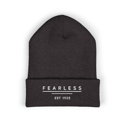 Fearless Embroidered Cuffed Beanie — Bold Black Knit Hat