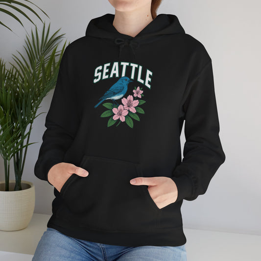 Seattle Bird & Floral Unisex Hoodie, Cozy Sweatshirt, Gift for Nature Lovers, Casual Wear, Travel Souvenir, Relaxed Style