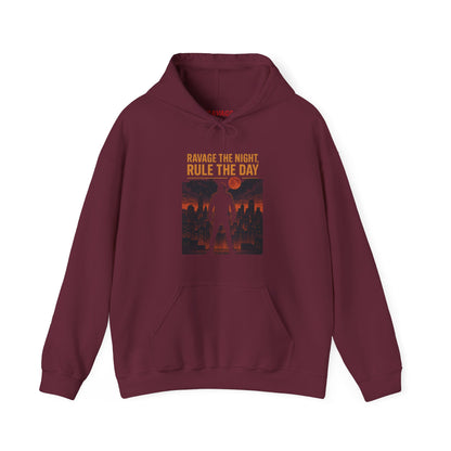 RAVAGE THE NIGHT RULE THE DAY Hoodie – Urban Adventure Graphic Sweatshirt, Cool Unisex Streetwear, Casual Wear, Unique Gifthion