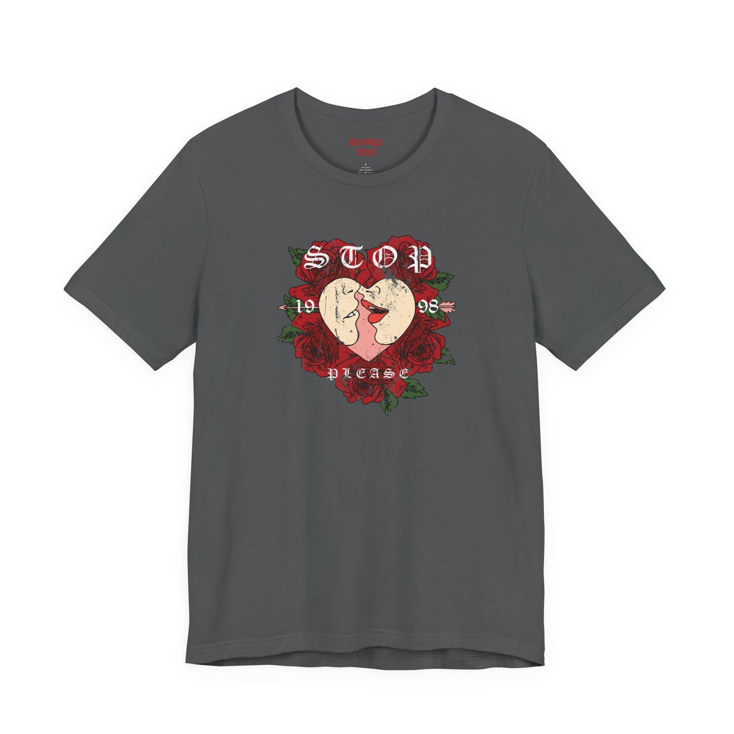 Romantic Graphic Tee, Stop Please Love Shirt, Unisex Kissing Tee, Floral Rose T-Shirt, Couple Gifts, Valentine's Apparel