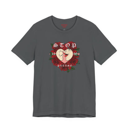 Romantic Graphic Tee, Stop Please Love Shirt, Unisex Kissing Tee, Floral Rose T-Shirt, Couple Gifts, Valentine's Apparel