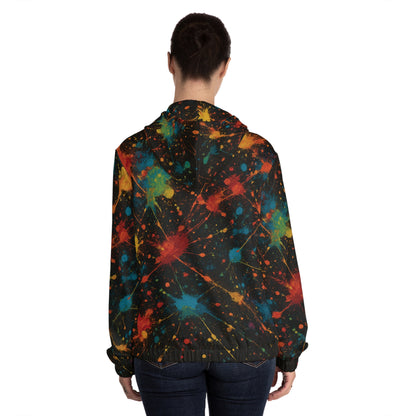 Art of Impact Vibrant Splatter Design Women's Hoodie, Colorful Zip-Up Sweatshirt for Festivals, Casual Wear, Gift for Her, Trendy Activewear