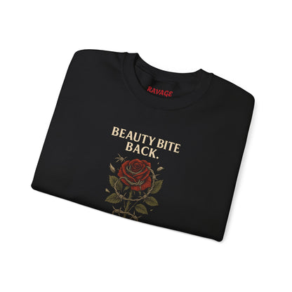 “Beauty Bites Back” Unisex Crewneck Sweatshirt – Heavy Blend Pullover for Casual Wear | Cozy Streetwear Gift for Her, Feminist Fashion Statement