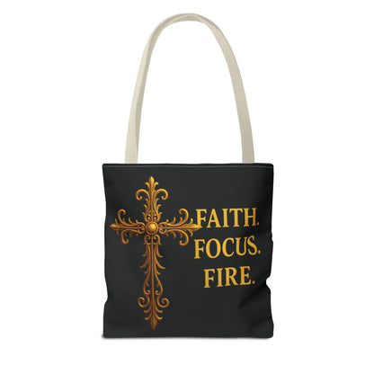 "Faith Focus Fire" Tote Bag: Golden Cross Christian Gift