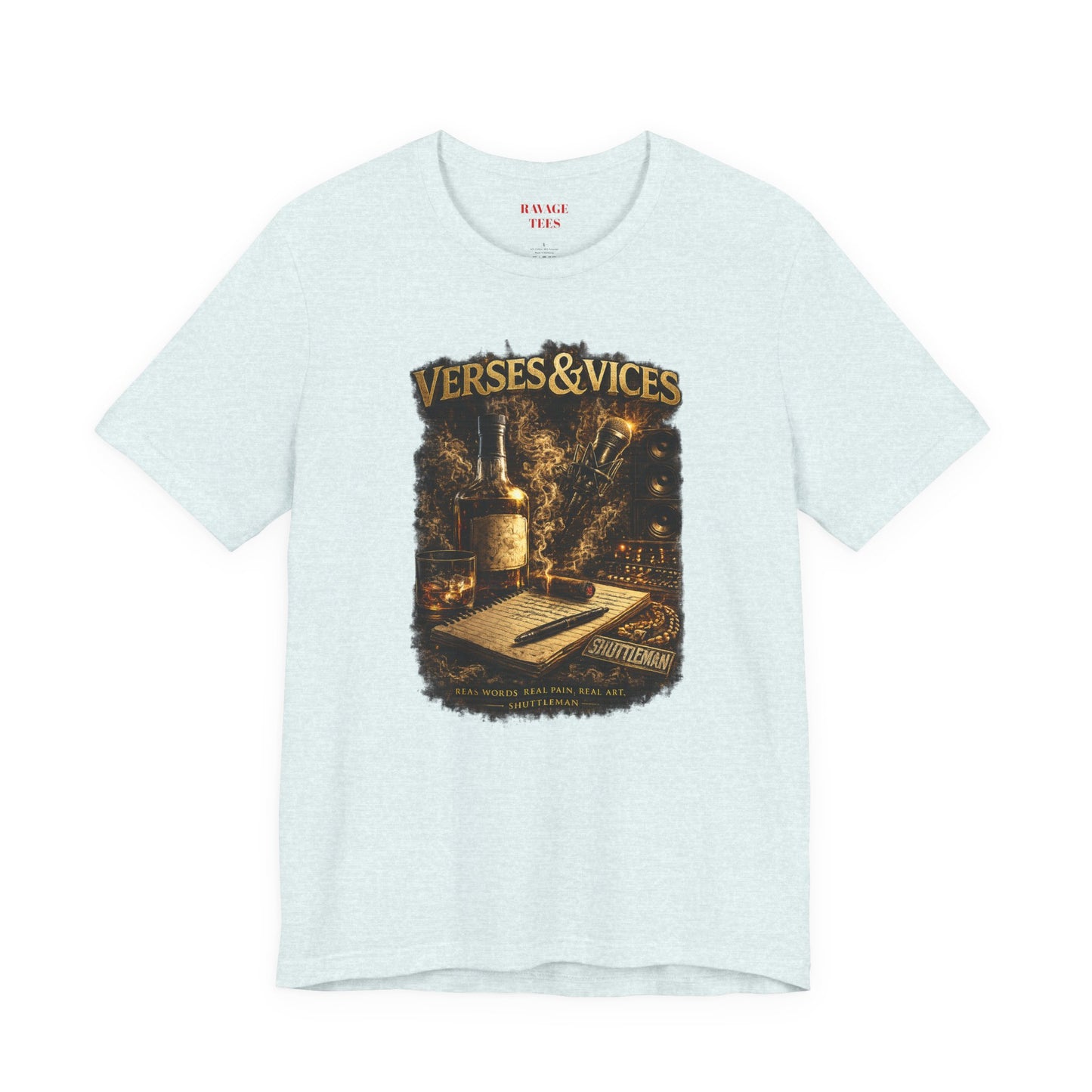 Verses & Vices Tee — Vintage Whiskey & Notebook Graphic T-Shirt