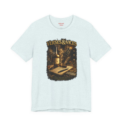 Verses & Vices Tee — Vintage Whiskey & Notebook Graphic T-Shirt