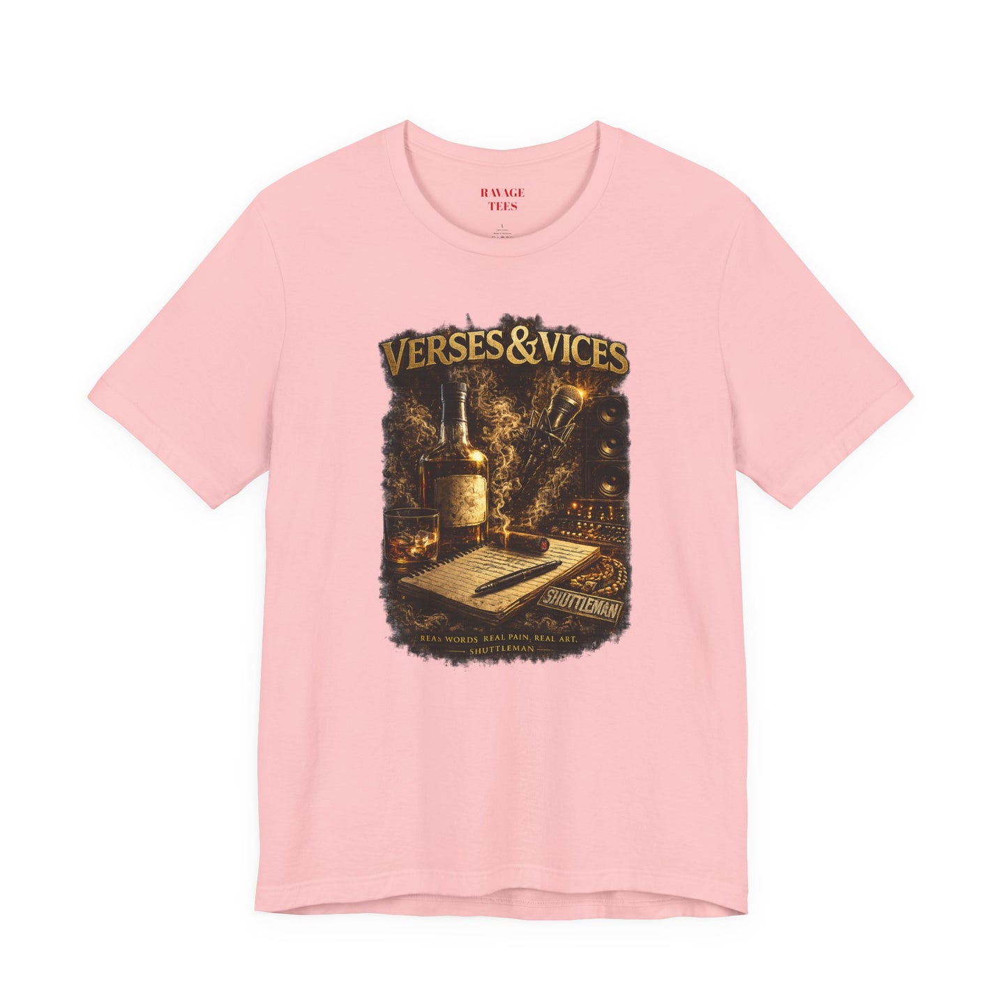 Verses & Vices Tee — Vintage Whiskey & Notebook Graphic T-Shirt