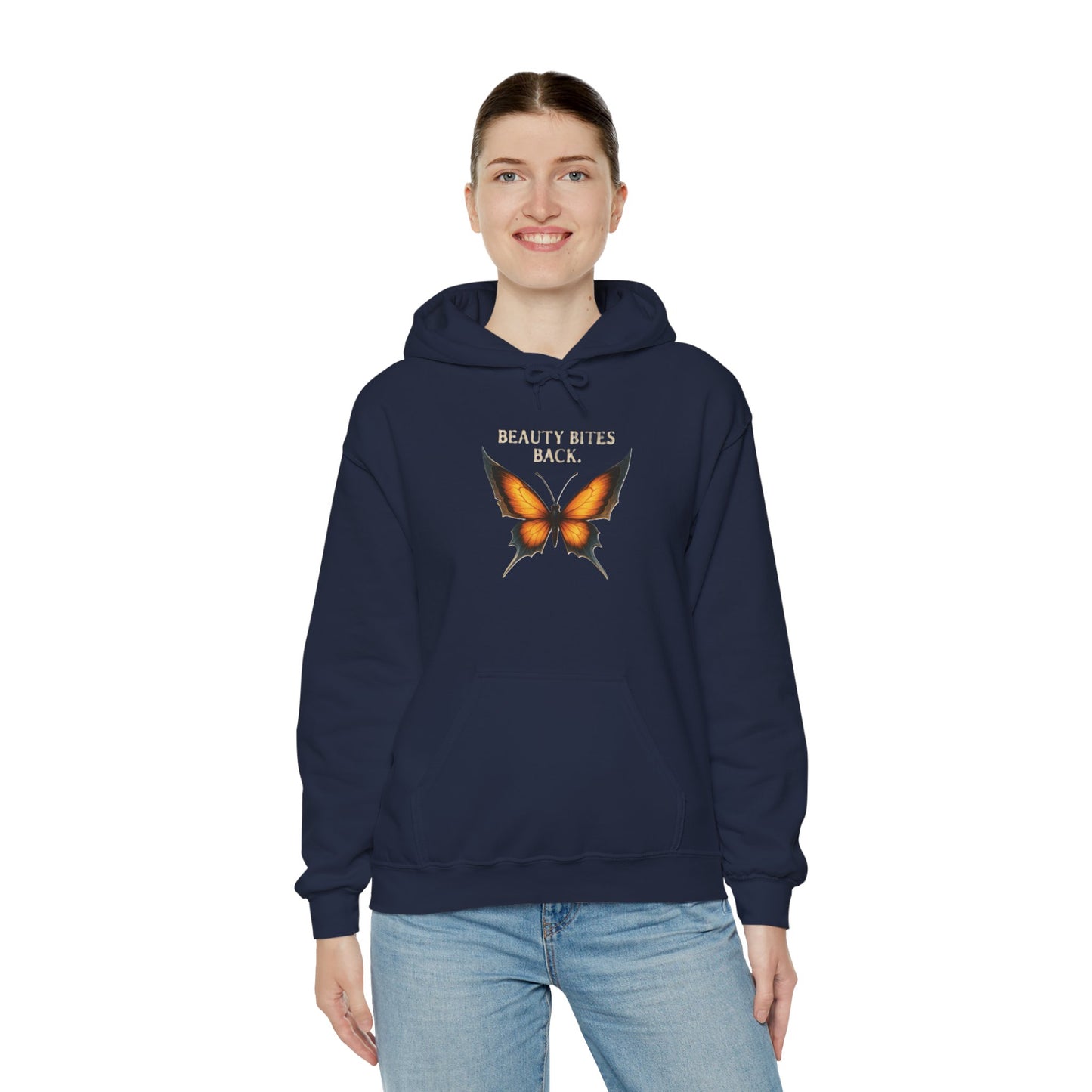 BEAUTY BITES BACK Butterfly Graphic Hoodie – Unisex Pullover Sweatshirt for Nature Lovers | Cozy Streetwear for Spring, Casual Wear & Eco-Friendly Gifts