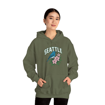 Seattle Bird & Floral Unisex Hoodie, Cozy Sweatshirt, Gift for Nature Lovers, Casual Wear, Travel Souvenir, Relaxed Style