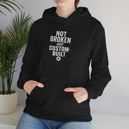 Not Broken Just Custom-Built | Unisex Graphic Hoodie – Garage Edition