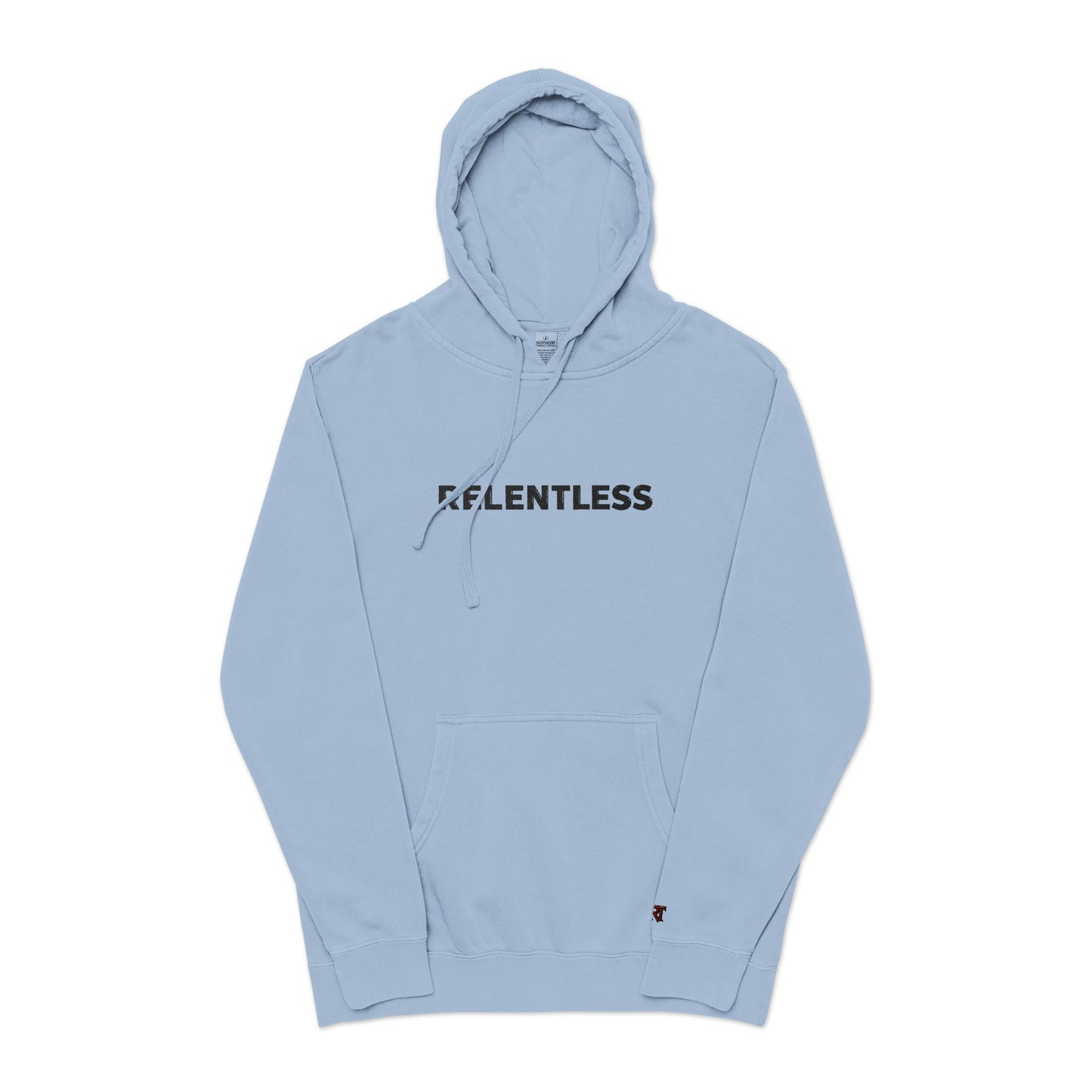 Relentless Hoodie — Embroidered Pigment-Dyed Olive Motivational Pullover
