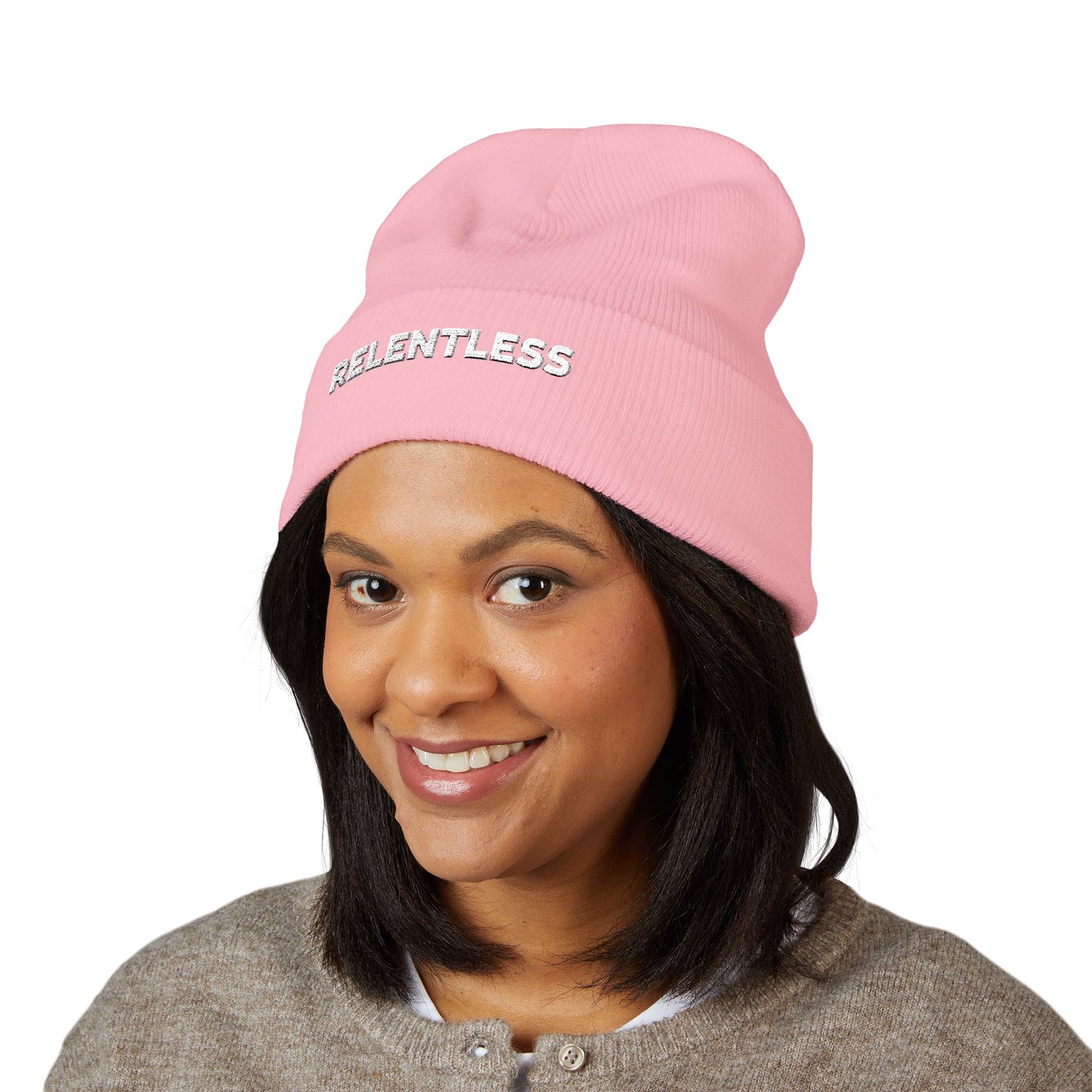 Relentless Embroidered Cuffed Beanie — Bold Motivational Knit Hat