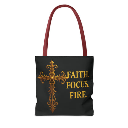 "Faith Focus Fire" Tote Bag: Golden Cross Christian Gift