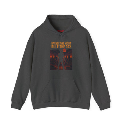RAVAGE THE NIGHT RULE THE DAY Hoodie – Urban Adventure Graphic Sweatshirt, Cool Unisex Streetwear, Casual Wear, Unique Gifthion