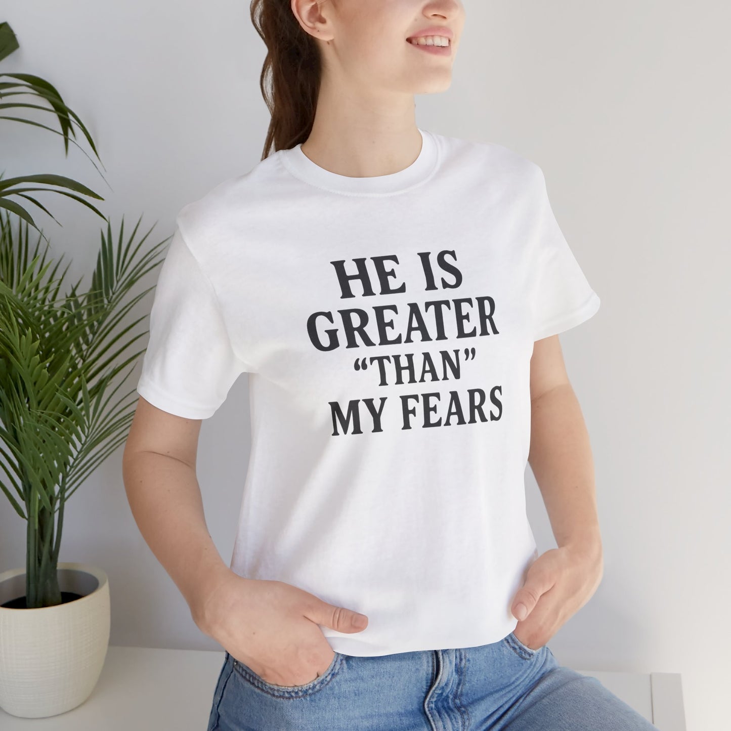 "He Is Greater Than My Fears" Christian Faith Cross T-Shirt