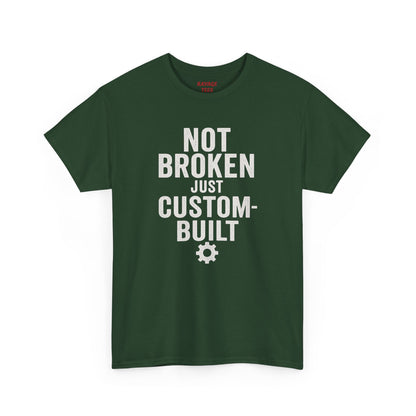 “Not Broken Just Custom-Built | Unisex Graphic Tee – Garage Edition