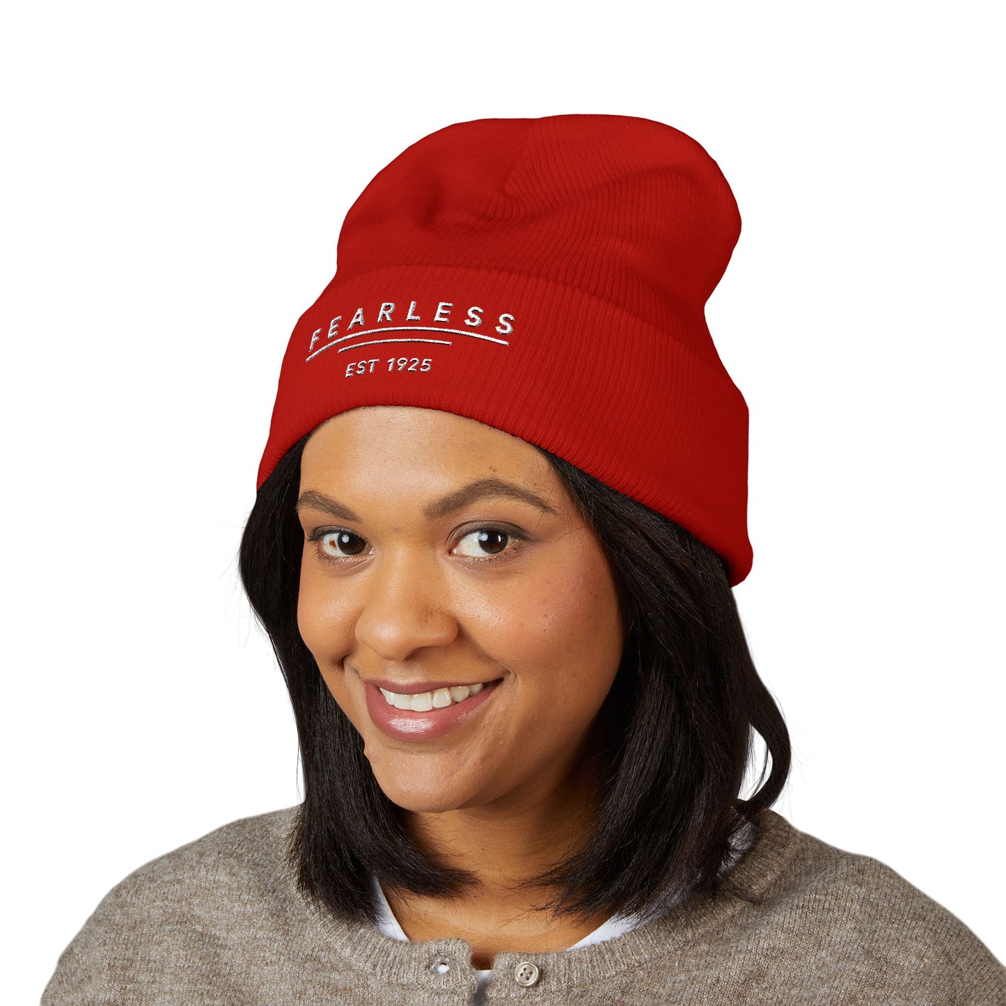 Fearless Embroidered Cuffed Beanie — Bold Black Knit Hat