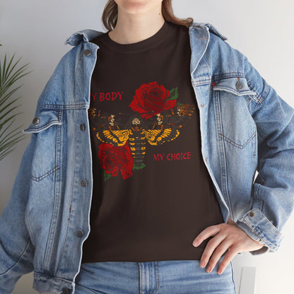 Your Body Your Choice Unisex Heavy Cotton Tee with Butterfly & Rose Design, Empowering Statement Tee