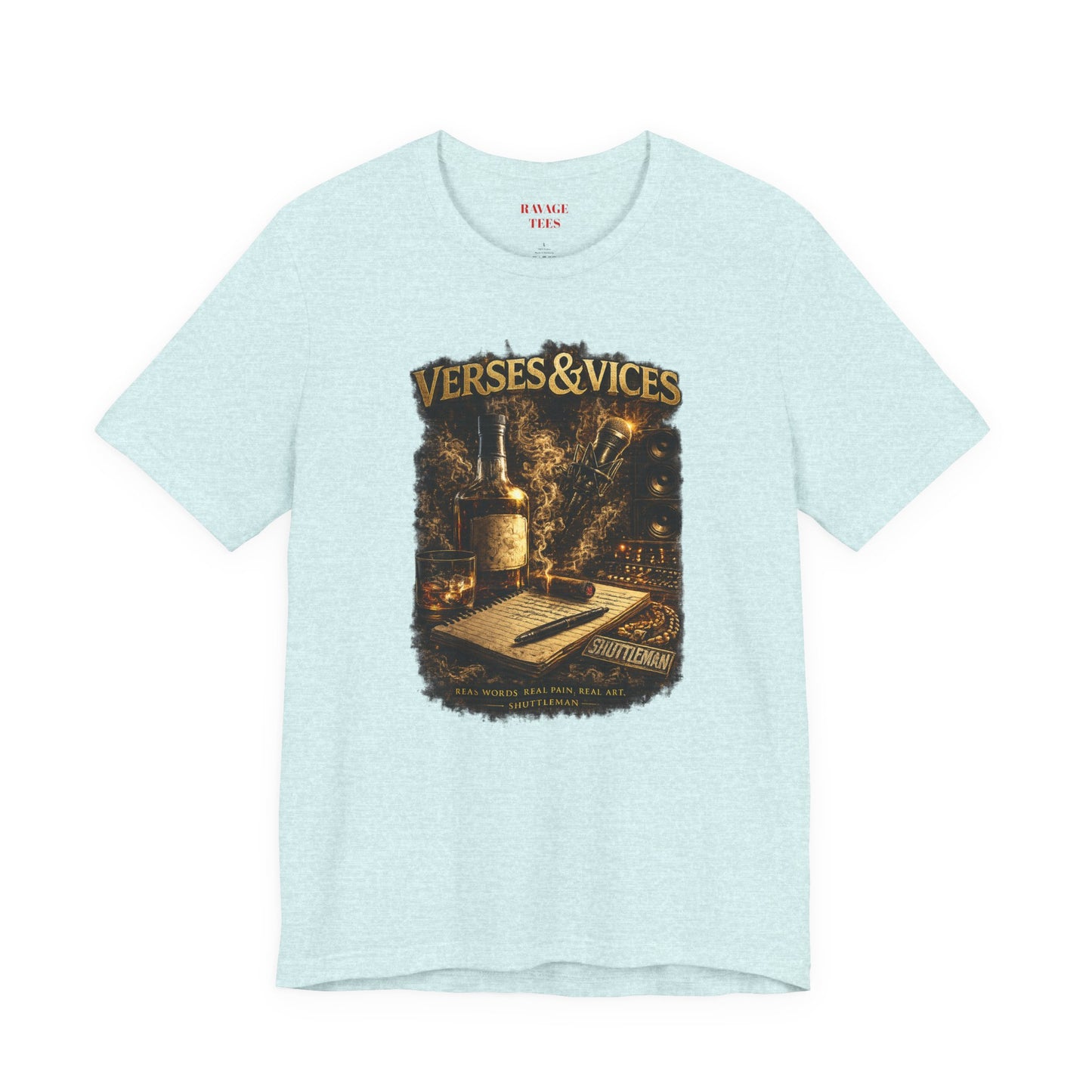 Verses & Vices Tee — Vintage Whiskey & Notebook Graphic T-Shirt