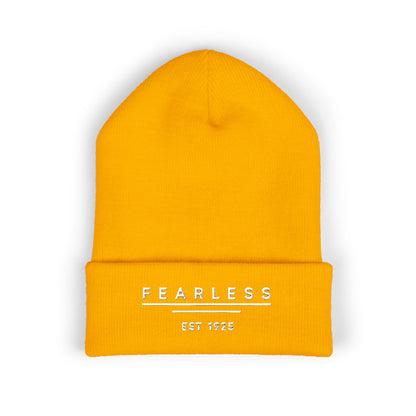 Fearless Embroidered Cuffed Beanie — Bold Black Knit Hat