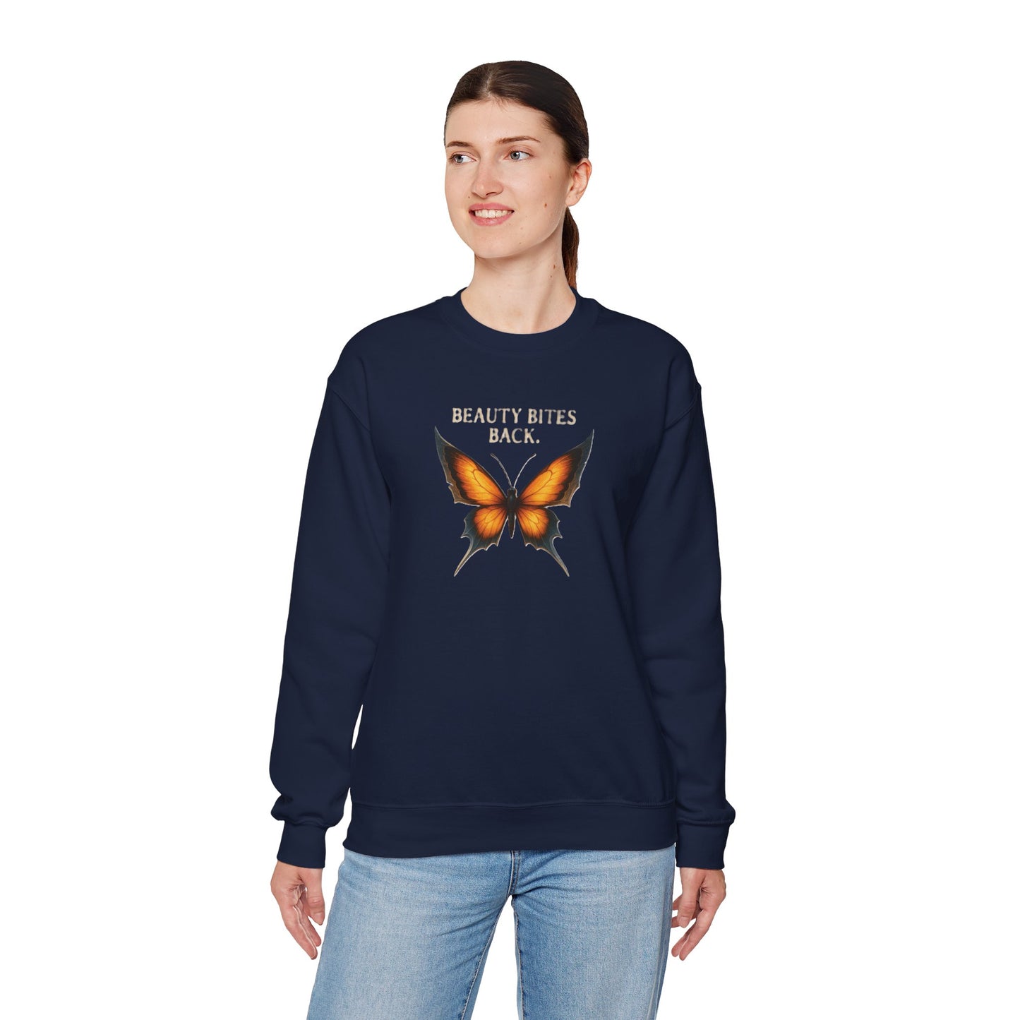 “Beauty Bites Back” Unisex Crewneck Sweatshirt – Heavy Blend Pullover for Casual Wear | Cozy Streetwear Gift for Her, Feminist Fashion Statement