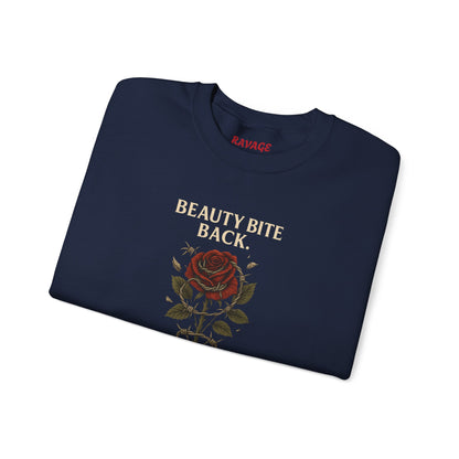 “Beauty Bites Back” Unisex Crewneck Sweatshirt – Heavy Blend Pullover for Casual Wear | Cozy Streetwear Gift for Her, Feminist Fashion Statement