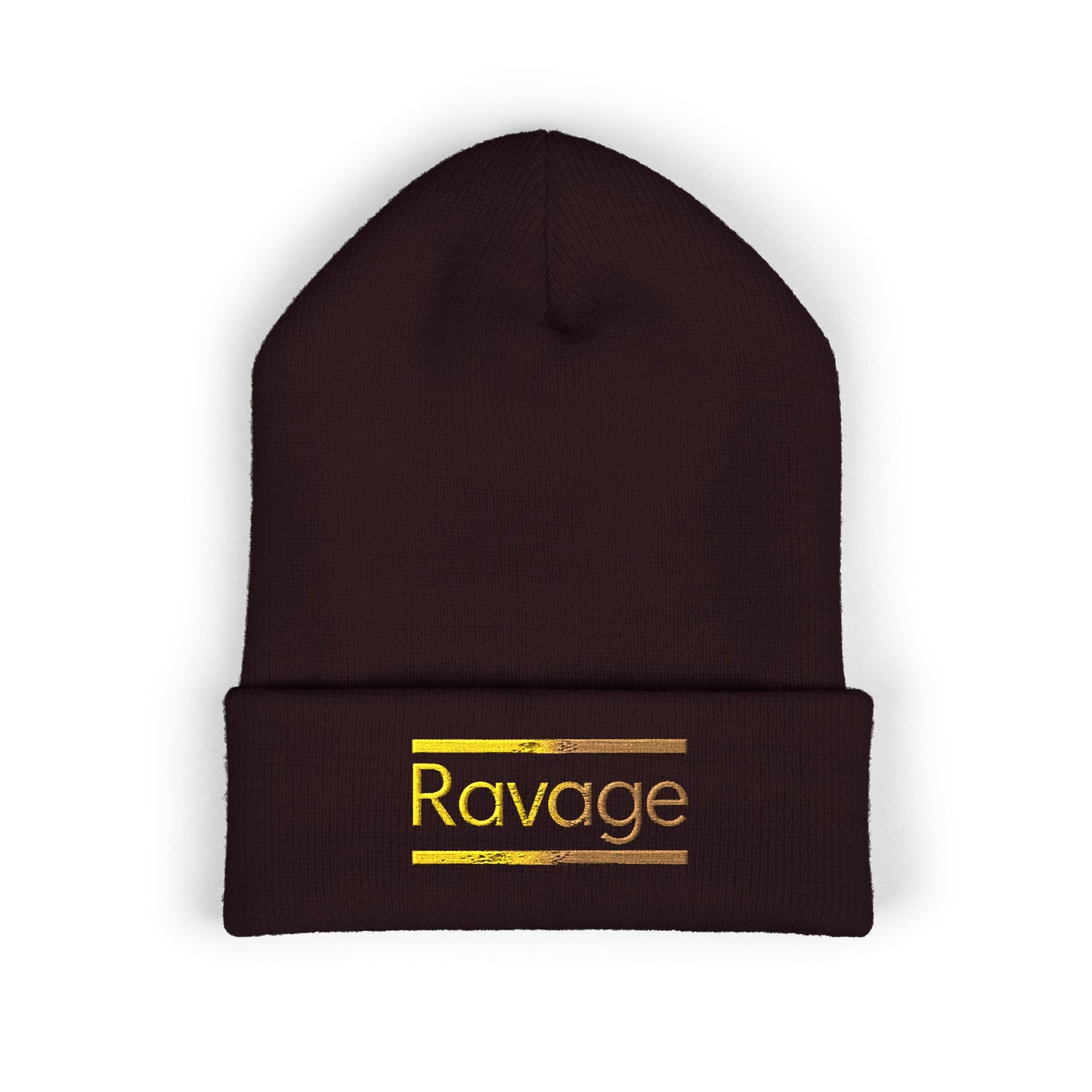 Ravage Embroidered Cuffed Beanie | Gold Logo Knit Hat