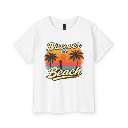 Discover the Beach Youth T-Shirt — Retro Sunset Palm Kids Tee