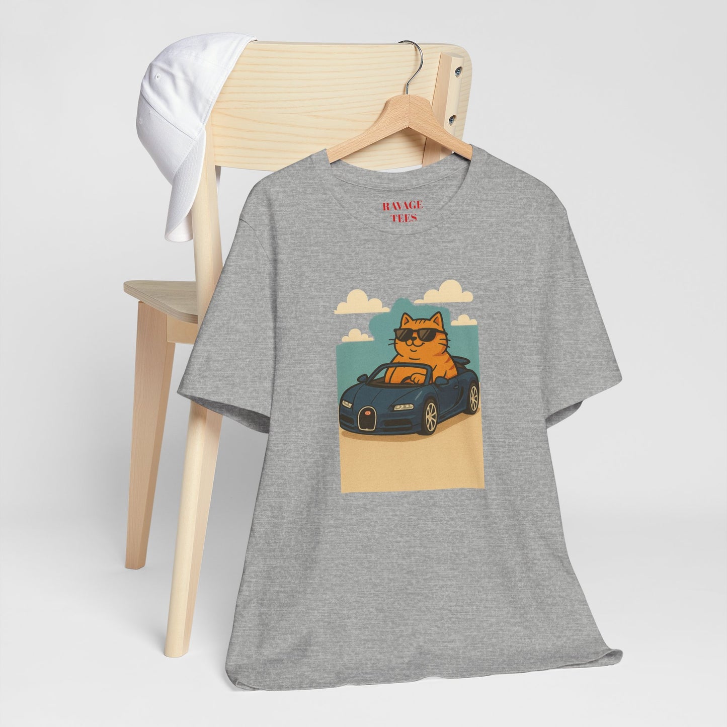 Cat Driving Sports Car Tee — Retro Graphic Cat Race Shirt
