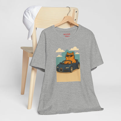 Cat Driving Sports Car Tee — Retro Graphic Cat Race Shirt