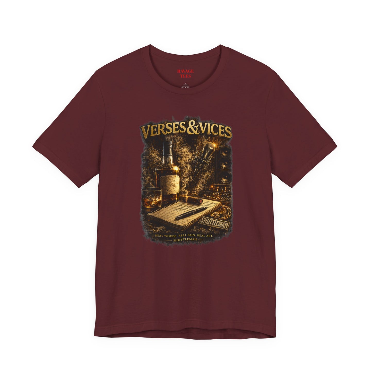 Verses & Vices Tee — Vintage Whiskey & Notebook Graphic T-Shirt