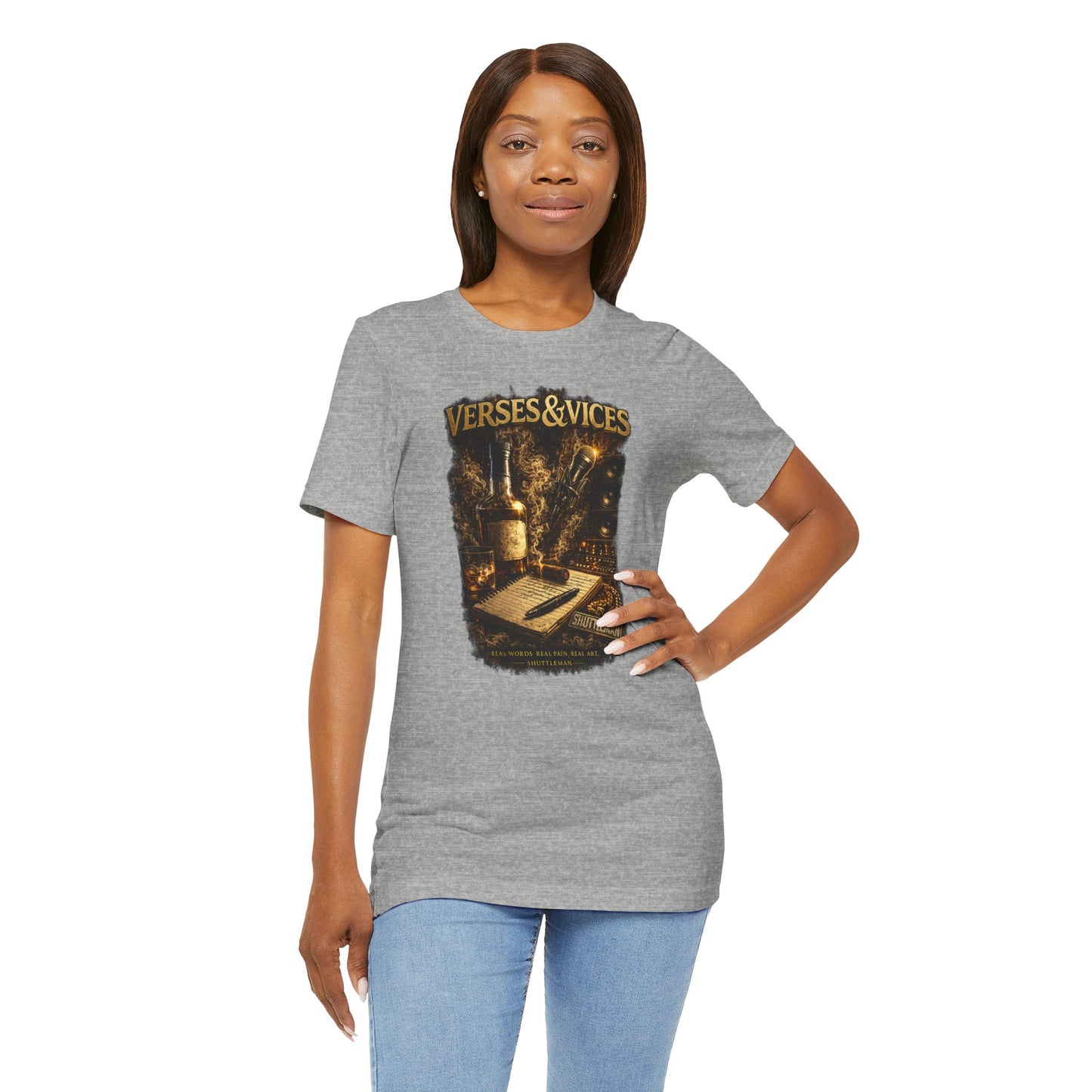 Verses & Vices Tee — Vintage Whiskey & Notebook Graphic T-Shirt