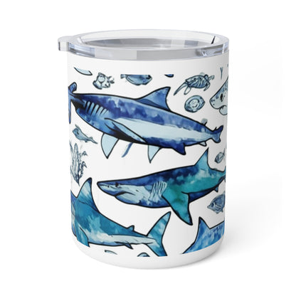 Ocean-Themed Insulated Coffee Mug, Shark and Jellyfish Design