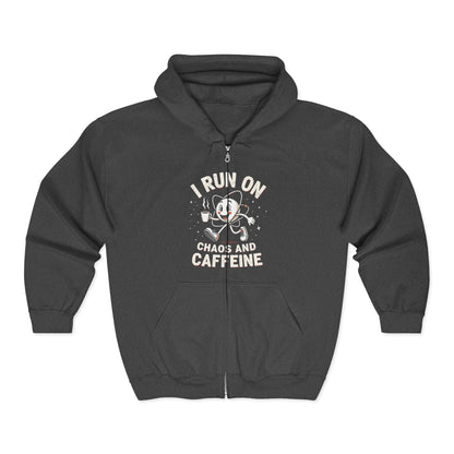 I Run On Chaos and Caffeine Zip Hoodie - Funny Unisex Sweatshirt for Coffee Lovers, Gift for Birthdays, Work from Home, Cozy Layering