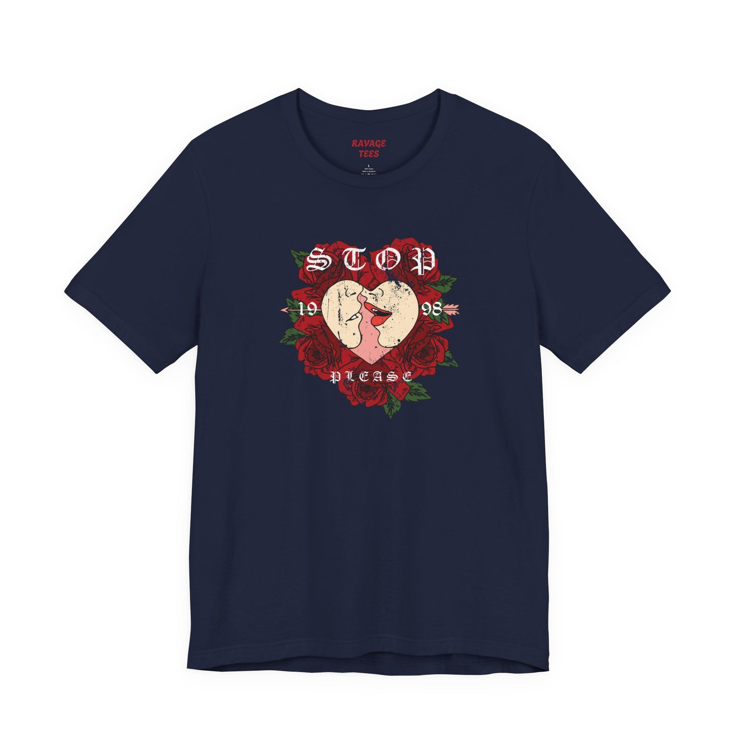 Romantic Graphic Tee, Stop Please Love Shirt, Unisex Kissing Tee, Floral Rose T-Shirt, Couple Gifts, Valentine's Apparel