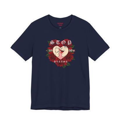 Romantic Graphic Tee, Stop Please Love Shirt, Unisex Kissing Tee, Floral Rose T-Shirt, Couple Gifts, Valentine's Apparel