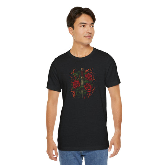 Edgy Rose Design Tee, Casual Wear, Gift for Music Lovers, Streetwear, Graphic Shirt, Vintage Style