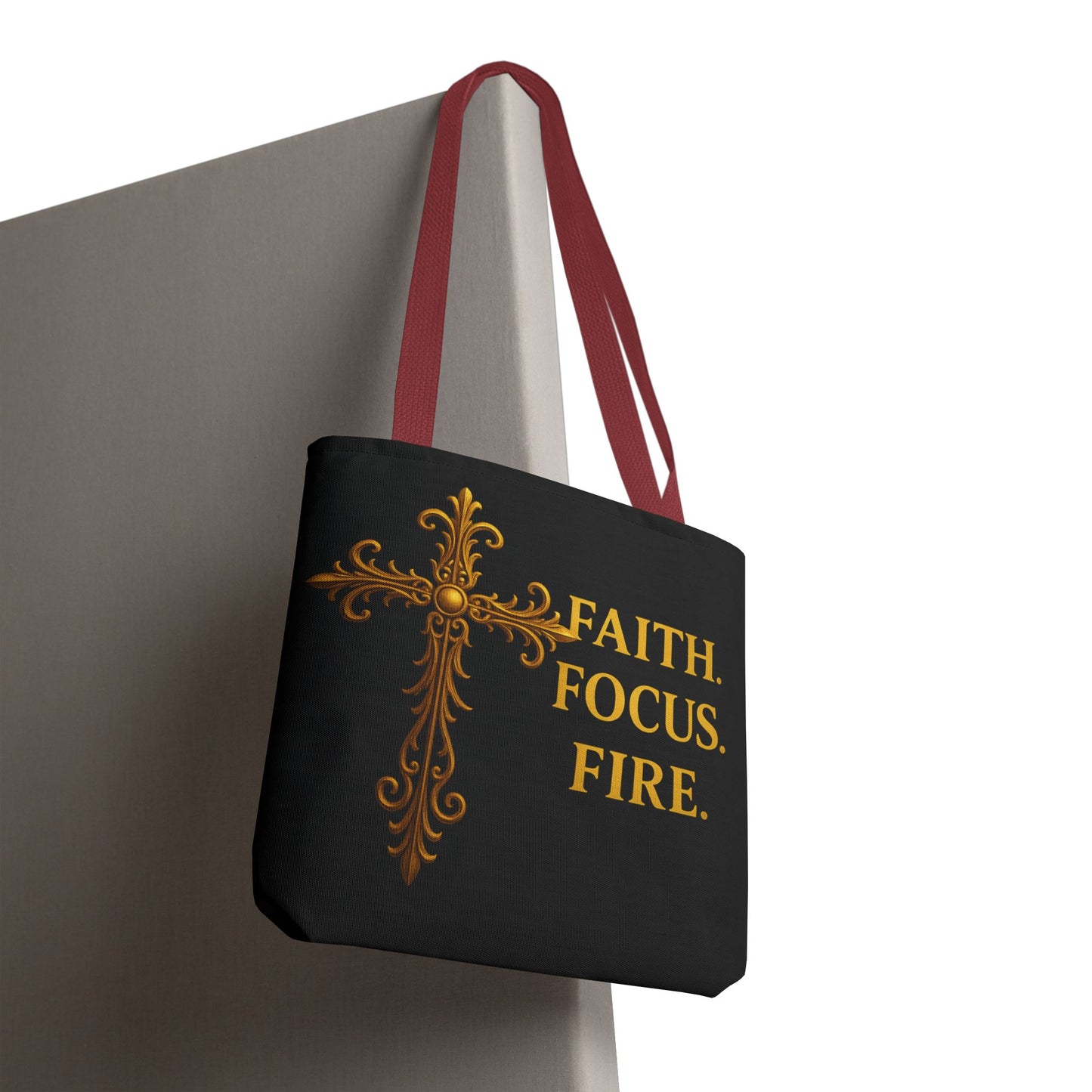 "Faith Focus Fire" Tote Bag: Golden Cross Christian Gift