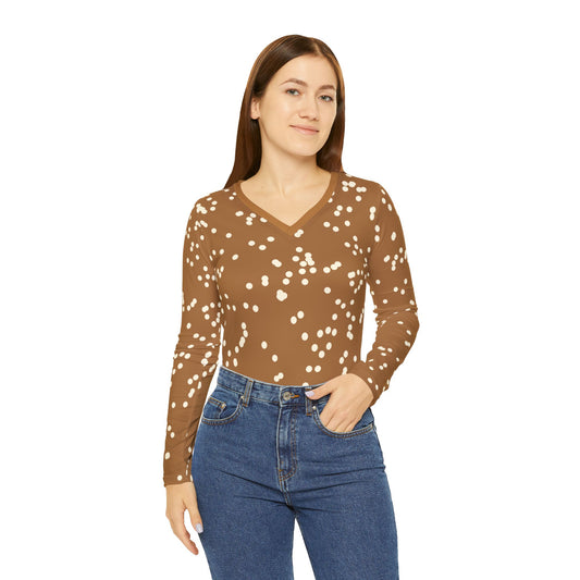 Cozy Patterned V-Neck Shirt, Women's Long Sleeve Tee, Trendy Casual Top, Autumn Fashion, Lounge Wear, Gift for Her