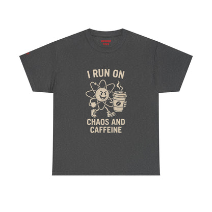 Coffee Lover's Unisex Tee - I Run on Chaos and Caffeine, Funny T-Shirt, Gift for Coffee Enthusiasts, Casual Wear, Relaxed Fit