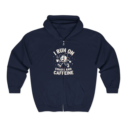 I Run On Chaos and Caffeine Zip Hoodie - Funny Unisex Sweatshirt for Coffee Lovers, Gift for Birthdays, Work from Home, Cozy Layering