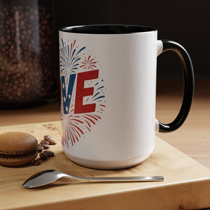Patriotic Love Coffee Mug for Independence Day, Love Mug, Fireworks Gift, Holiday Drinkware, Celebration Cup