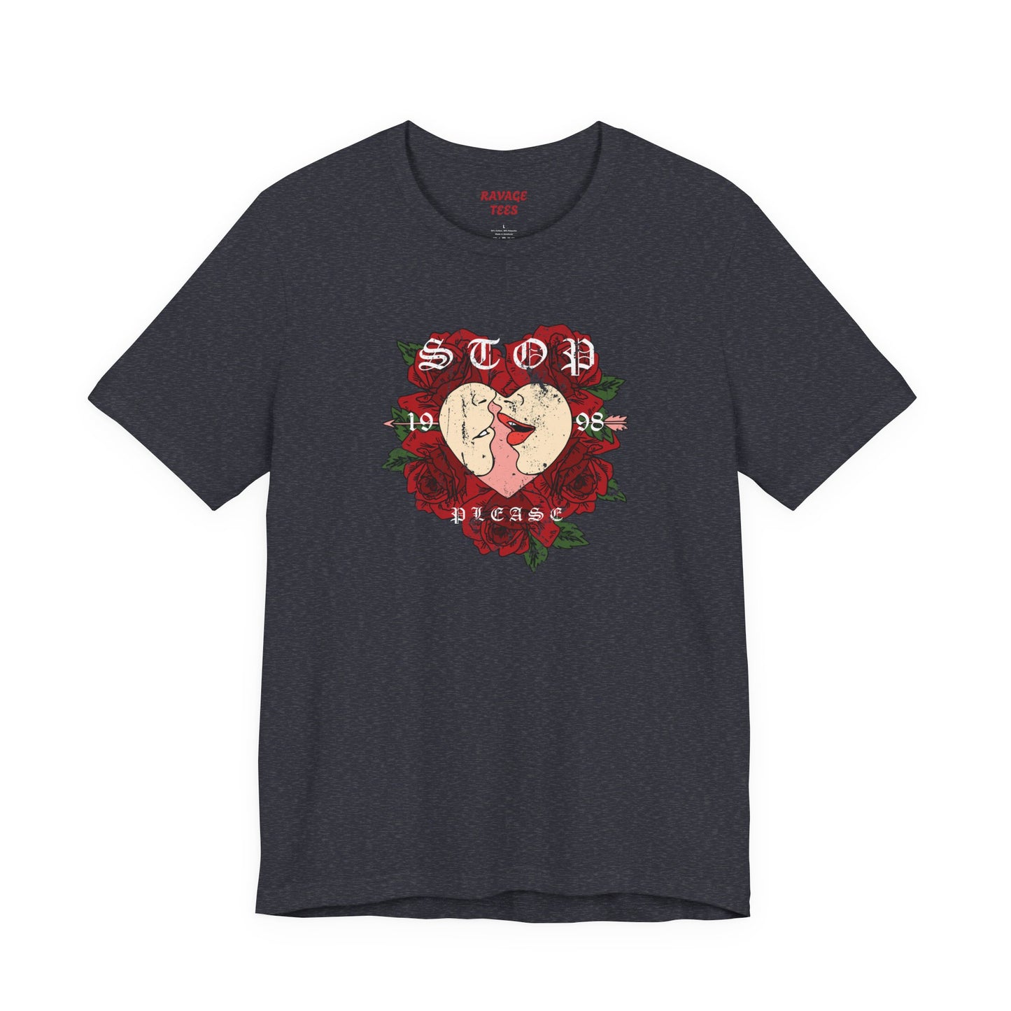 Romantic Graphic Tee, Stop Please Love Shirt, Unisex Kissing Tee, Floral Rose T-Shirt, Couple Gifts, Valentine's Apparel
