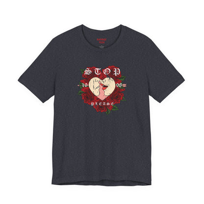 Romantic Graphic Tee, Stop Please Love Shirt, Unisex Kissing Tee, Floral Rose T-Shirt, Couple Gifts, Valentine's Apparel