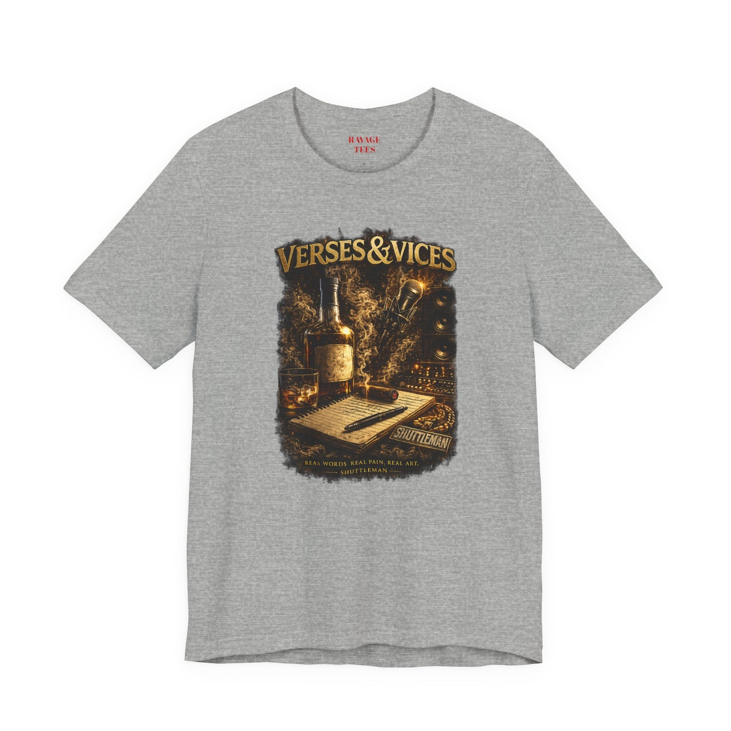 Verses & Vices Tee — Vintage Whiskey & Notebook Graphic T-Shirt