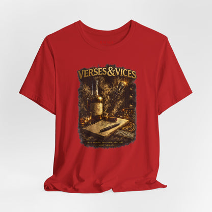 Verses & Vices Tee — Vintage Whiskey & Notebook Graphic T-Shirt