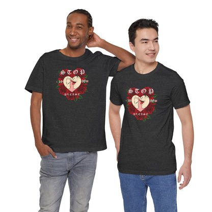 Romantic Graphic Tee, Stop Please Love Shirt, Unisex Kissing Tee, Floral Rose T-Shirt, Couple Gifts, Valentine's Apparel