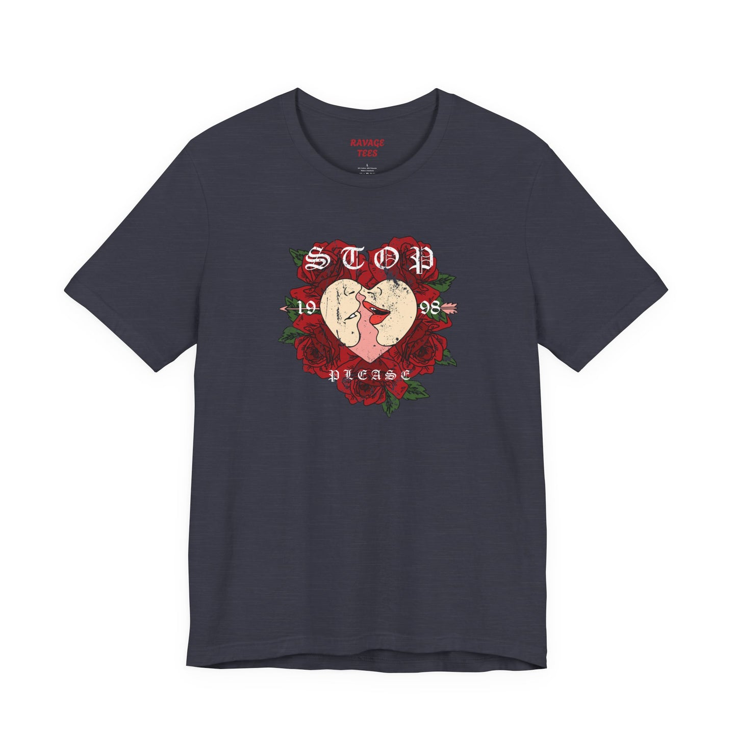 Romantic Graphic Tee, Stop Please Love Shirt, Unisex Kissing Tee, Floral Rose T-Shirt, Couple Gifts, Valentine's Apparel