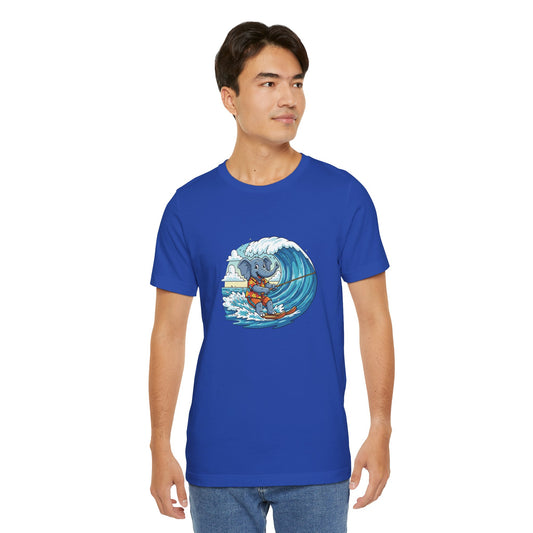 Surfing Elephant Unisex Tee, Beachwear, Cute Animal Shirt, Summer Vibe Tee, Gift for Nature Lovers, Casual Everyday Wear