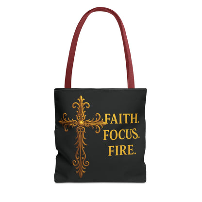 "Faith Focus Fire" Tote Bag: Golden Cross Christian Gift